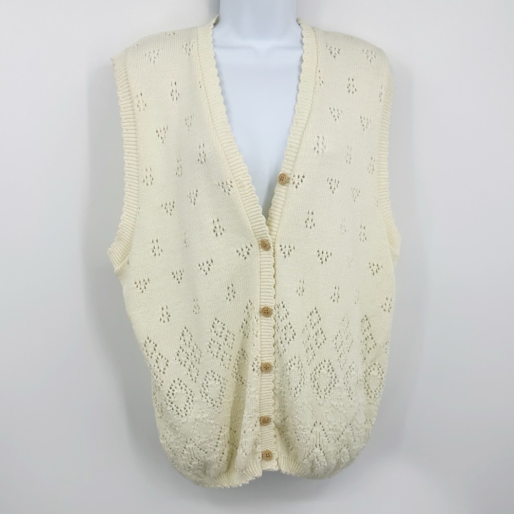 Vintage Y2K Cream Sweater Vest Cardigan Size Medium Boho Coquette Whimsical